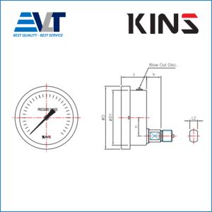 Đồng hồ áp suất KINS, SD-3023, Vỏ inox 304, chân kết nối SS316, 100mm, Chân lệch sau, ren 1/2NPT, 0~25 bar/Psi