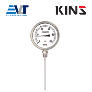 Đồng hồ nhiệt độ KINS, SS-4064, SS304, chân đứng, 100mm, ren 1/2NPT, 0~100 oC, L 150mm, 6,4mm