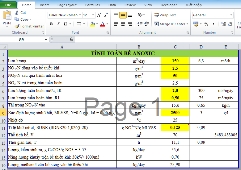 File tính toán bể Anoxic